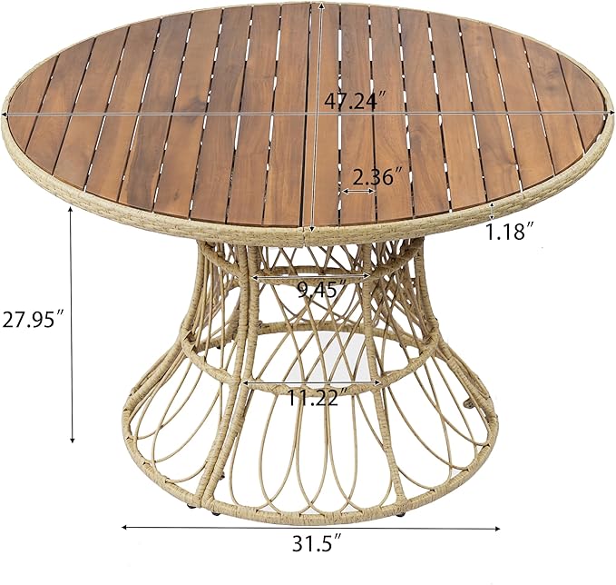 Merax 47.24" Round Outdoor Dining Table, Acacia Wood Top & Wicker Base, Patio Table for 4-6 People, Garden Outdoor Furniture, Teak Finish