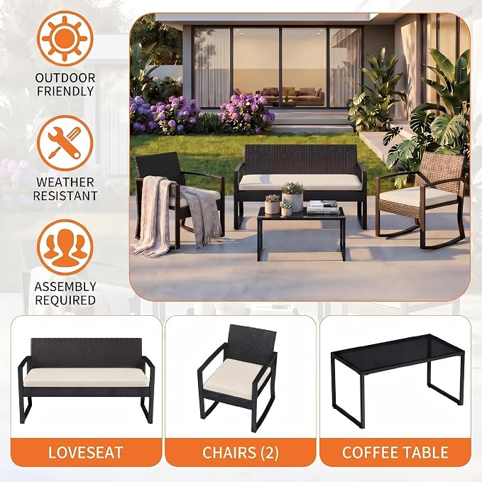 Garvee 4 Piece Patio Furniture Set, PE Rattan Outdoor Rocking Chair Conversation Set with Coffee Table, Outdoor Wicker Patio Table and Chairs Set for Patio, Porch, Backyard, Beige