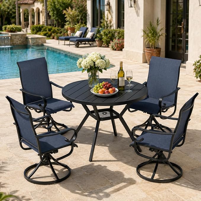 5 Piece Patio Dining Set for 4 Swivel Chairs and 42” Round Metal Table with Umbrella Hole, All Weather Patio Dining Furniture Set for Deck Lawn Backyard, Black Table and Navy Blue Chairs Set