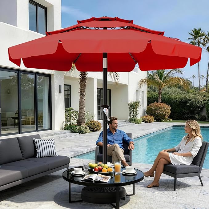 AreShark 9FT 3-Tiers Patio Umbrella with Valance, Outdoor Umbrellas with Crank/Tilt, Table Market Umbrella Vented w/ 8 Sturdy Ribs for Garden, Deck, Backyard, and Pool, Red