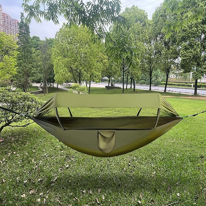 Outdoor Camping Hammock with Mosquito Net and Sun Canopy, Double Person Anti-Flip Design, Nylon Fabric, Portable with Detachable Rain Fly (C)