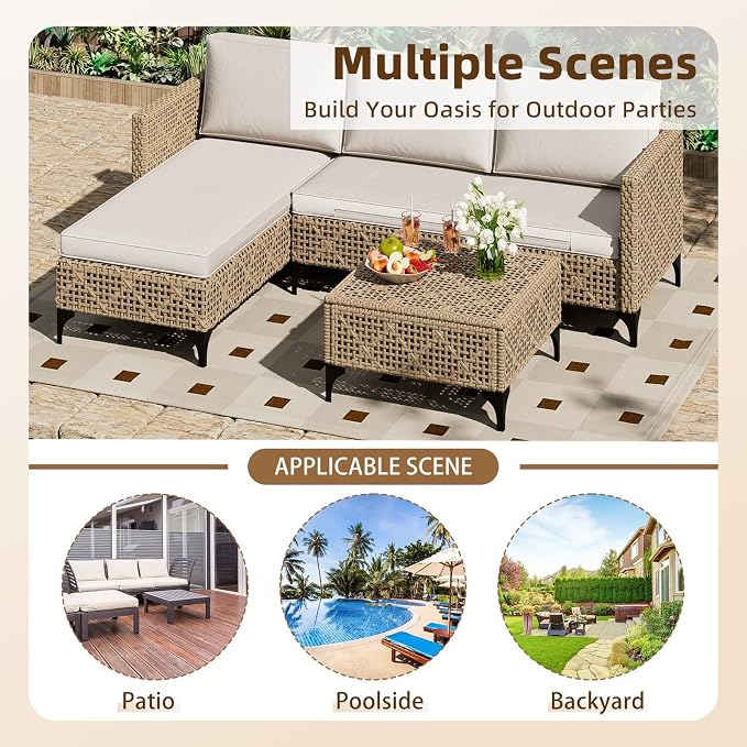 U-MAX 3-Piece Outdoor Patio Furniture Set, Wicker Rattan Conversation Sofa Set with Cushions and Coffee Table, Brown