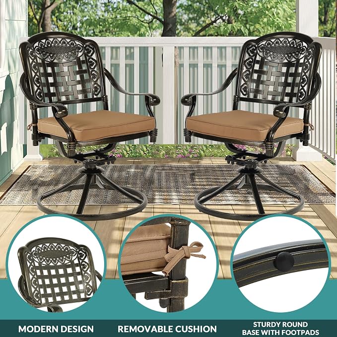 MEETWARM 9-Piece Outdoor Patio Dining Set for 8, All Weather Cast Aluminum Patio Funiture Table and Chairs Set- Large 64" Square Table and 4 Swivel Rocker Chairs, 4 Stationary for Garden, Khaki