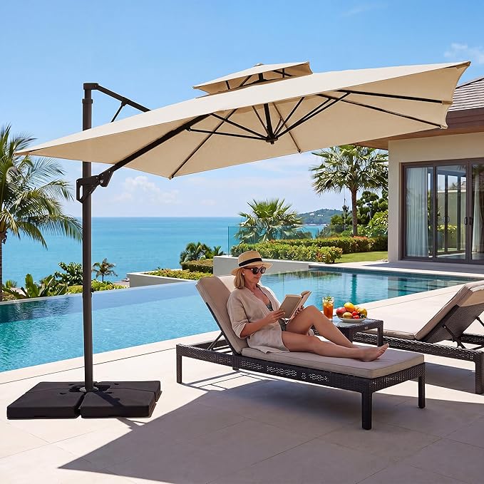 JEAREY 12ft 2-Tier Cantilever Patio Umbrella, Large Square Outdoor Offset Umbrella with Double Top Vent and 360-degree Rotation for Garden, Deck, Pool, Patio, Beige