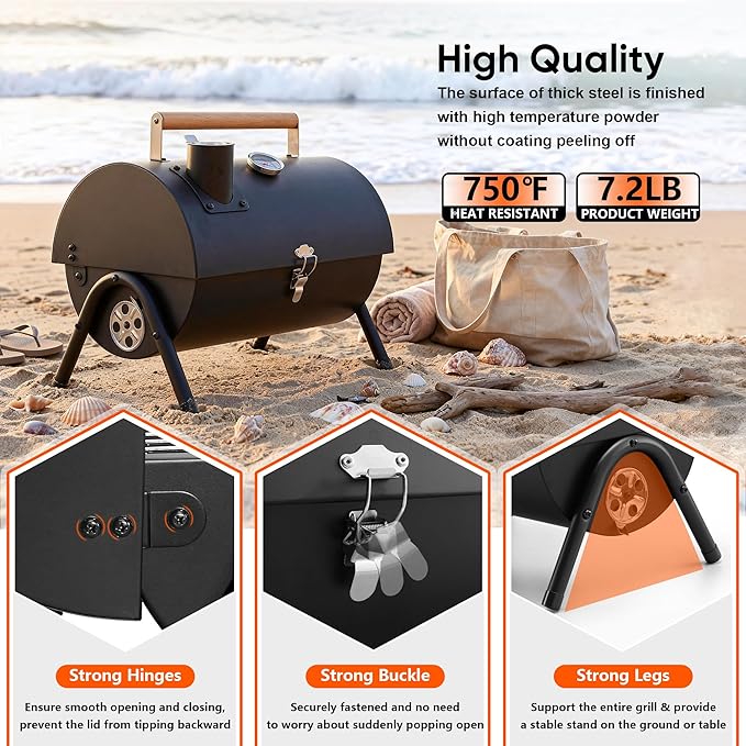 Portable Charcoal Grill with Basic BBQ Tools, HaSteeL Compact Tabletop Barbecue Grill with Thermometer, Small Smoker for Outdoor Camping Backyard Beach BBQ, Thick Steel, Easy to Assemble