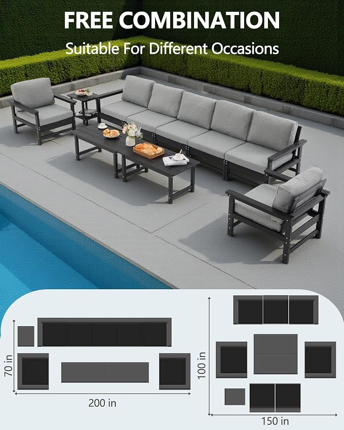 HDPE Outdoor Patio Furniture Set, 10-Piece Sofa Set with 5-Seat Couch, 2 Armchairs,Side Table & 2 Coffee Tables, Weatherproof Conversation Set with Cushions,for Garden, Porch & Backyard