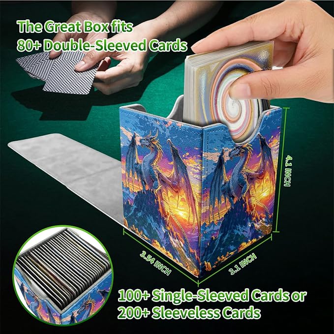 Mountain Sunset Dragon Card Deck Box for MTG, Personalized Card Storage Case Fits 120+ Sleeved Cards, Premium Leather TCG Box with Strong Magnetic Closure for Magic, PTCG, Baseball Cards