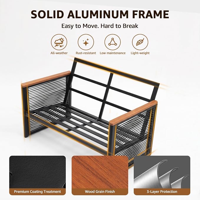 NATURAL EXPRESSIONS Aluminum Patio Loveseat Sofa, Outdoor Couch Furniture with Fauxwood Armrest, 6" Olefin Cushion, Rattan Side-armrest, All-Weather Outside Couch for Porch, Yard, Balcony, Deck