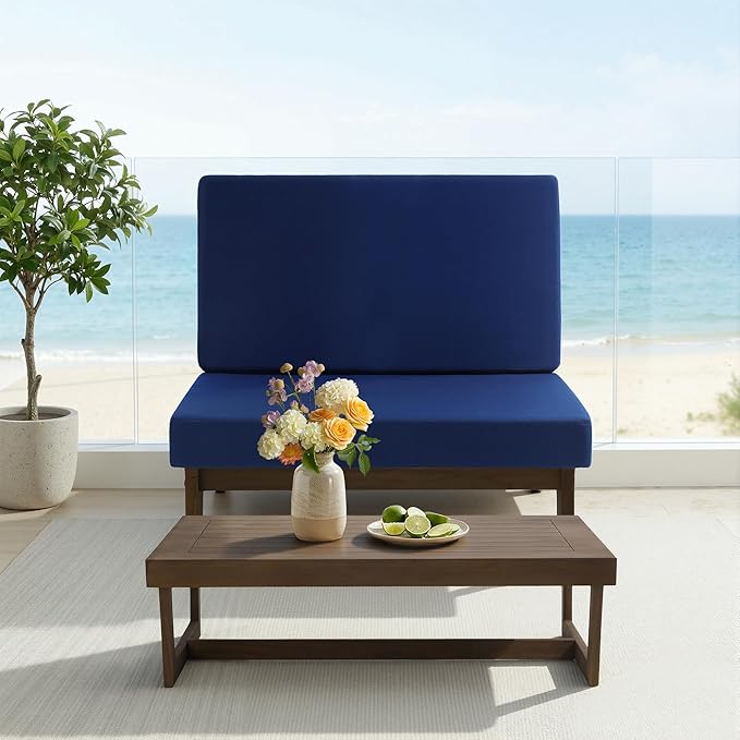 UIXE Wood Patio Furniture Sets, 2 Pieces All Weather Patio Loveseat Outdoor Sofa with Solid Wooden Coffee Table - Navy Blue