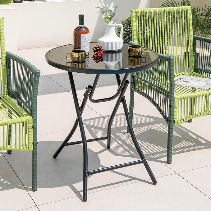HOMGX 23 Inch Round Folding Bistro Table, Outdoor Patio Side Table with Tempered Glass Tabletop & Heavy-Duty Metal Frame, Portable Foldable Cocktail Table for Balcony, Porch, Deck, Backyard, Poolside