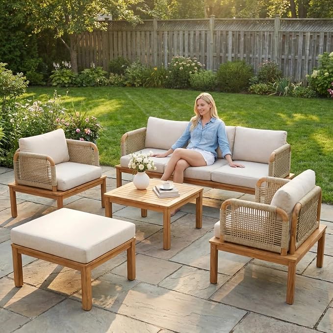 Patio Furniture Set of 2 Chairs, Outdoor Sectional Furniture with Rope Armrests and Thick Washable Cushions, All-Weather Patio Conversation Set for Backyard, Garden and Poolside (Series A)