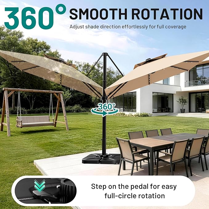 AreShark 10×10FT Solar LED Cantilever Umbrella with Base Included, Double-Top Outdoor Patio Offset with 360 Degree Rotation, Square Offset Hanging Umbrella for Garden Deck Pool, Beige