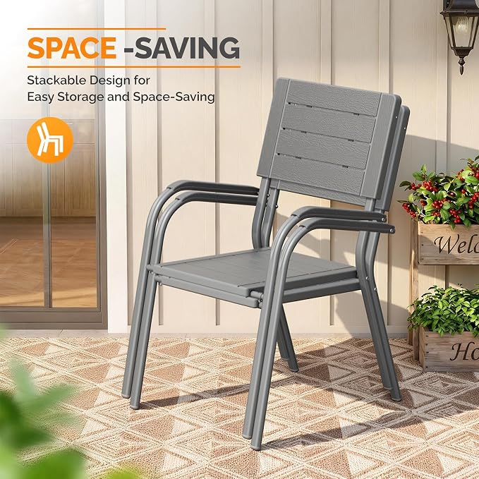 VINGLI Outdoor Patio Dining Chairs, Stackable HDPE All-Weather Arm Chairs, Weatherproof Outdoor Seating for Garden, Backyard, Poolside, Balcony,Grey (2 Pack)