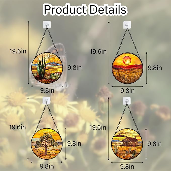 DASTOLL Stained Glass Window Hanging 4 Pcs Set Desert Sunset Theme Landscape 9.8" - Suncatcher Door Garden Sun Catcher Decor Birthday Christmas for Mom Woman Nana Men
