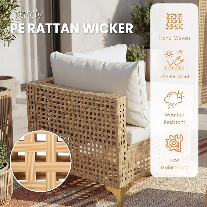 FHFO Patio Furniture Set, 7-Piece Wicker Patio Sectional Sofa Couch, Rattan Outdoor Conversation Set with Thick Cushion & Tempered Glass Coffee Table for Porch, Garden, Backyard (Yellow/Beige)