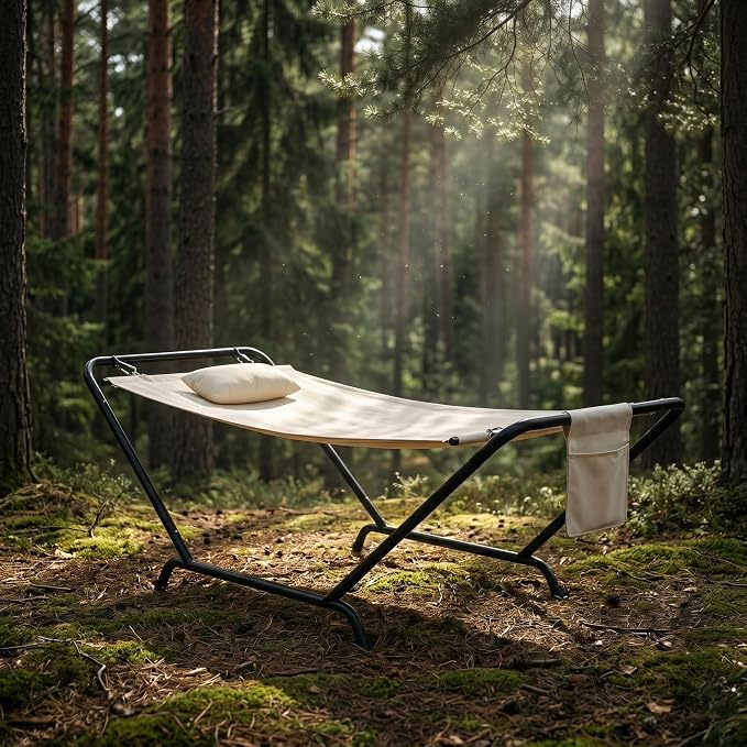 Freestanding Hammock with Stand, 600lbs Capacity Heavy Duty Outdoor Hammock Bed with Detachable Soft Pillow and Side Storage Pocket, Portable Gray Hammock for Patio Garden (Beige)
