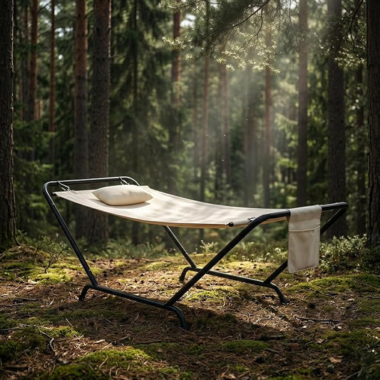 Freestanding Hammock with Stand, 600lbs Capacity Heavy Duty Outdoor Hammock Bed with Detachable Soft Pillow and Side Storage Pocket, Portable Gray Hammock for Patio Garden (Beige)