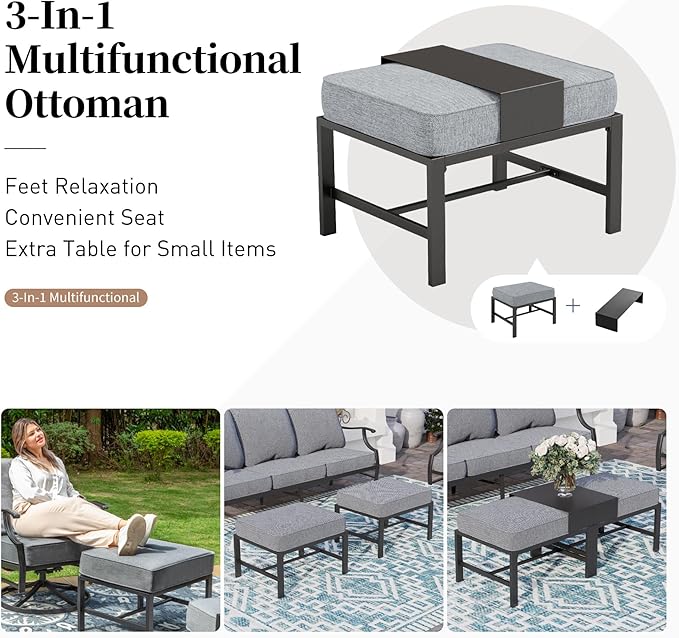 7 Piece Metal Outdoor Patio Furniture Set, Patio Conversation Sets 3-seater Sofa, 2 Rocking Chair, 2 Ottomans with 5.75" Thick Cushion, Black All-weather Frame Backyard Furniture, Gray
