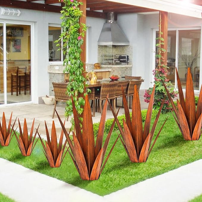 KODIBO 24" Metal Agave Plant Outdoor Decor, Large Garden Sculpture, Rusty | Weather-Resistant Rustproof Metal, Hand-Painted Finish, Tequila Rustic Sculpture, Desert Steel Yard Art, Garden Outdoor Decor
