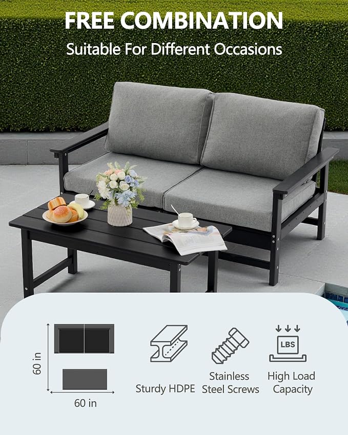 HDPE Outdoor Patio Furniture Set, 3-Piece Sofa Set with Loveseat Couch & Coffee Table, Weatherproof Conversation Set with Cushions, All-Weather Waterproof, for Garden, Porch & Backyard