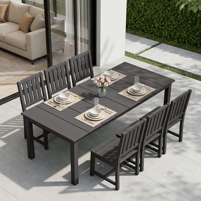 PLUUV 7-Piece Outdoor Dining Set – HDPE Patio Furniture with Umbrella Hole Table, Aluminum Legs, and 6 Armless Chairs, Weatherproof & Easy-Clean for Backyard, Garden, Grey