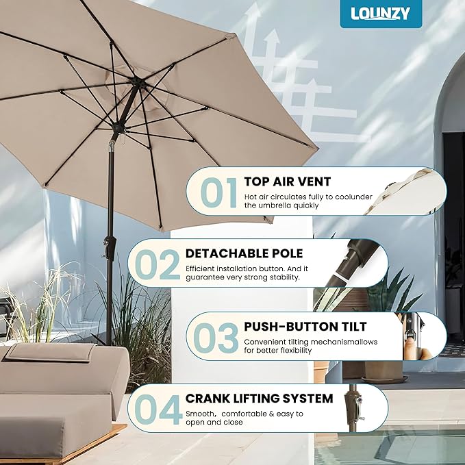 LOUNZY 9FT Large Outdoor Patio Umbrella Table Umbrella-UV Resistant,Easy Push Button Tilt and Crank,8 Sturdy Fiberglass Ribs Pool Umbrella for Patio,Backyard,Deck,Yard,Market