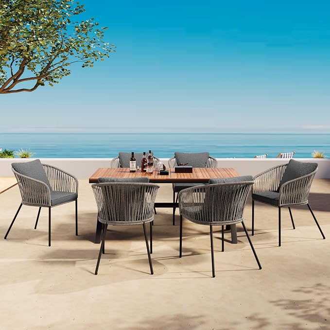 VilroCaz 7 Pieces Patio Dining Set, All-Weather Outdoor Conversation Set Gathering Set with Acacia Wood Tabletop and Metal Frame, Dining Table and Chairs for Garden Backyard Balcony (Green Rope)