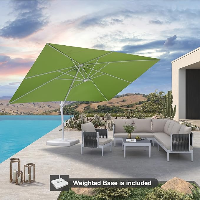 PURPLE LEAF 10' × 13' Patio Umbrella With Base White Cantilever Umbrella Square Outdoor Offset Umbrella Windproof with 360° Rotation for Garden Deck Pool, Macaw Green