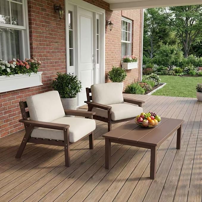 Kingdura HDPE Patio Furniture Set, 3 Piece Outdoor Sectional Sofa with Coffee Table, All Weather Outdoor Couch Conversation Set with Washable Cushions for Backyard Poolside Balcony