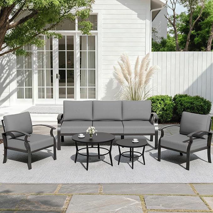 ALAULM Aluminum Patio Furniture Set with Round Coffee Tables, 5-seat Outdoor Sectional Furniture w/5.1" Cushions, Patio Conversation Set for Porch, Backyard, Poolside-Grey