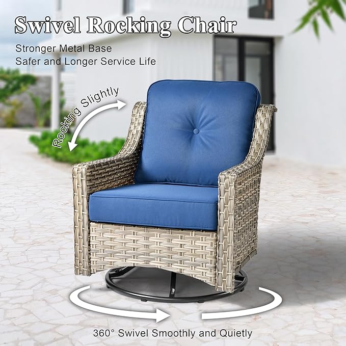 Patio Conversation Set,5 Pieces Wicker Patio Furnitures with Swivel Chair and Coffee Table,All Weather Patio Furniture Set for Garden,Backyard,Poolside and Patio,Navy Blue