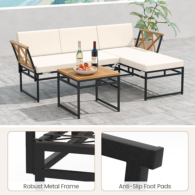 Tangkula 3 Pieces L-Shaped Outdoor Furniture Set, Acacia Wood Patio Sectional Cushioned Conversation Sofa with Square Coffee Table, for Porch, Backyard & Poolside (Beige)