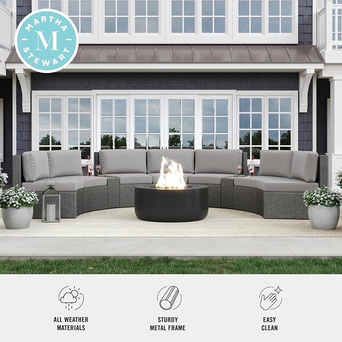 Martha Stewart Bedford Indoor-Outdoor Tapered Patio Side Table with Inset Tempered Glass Top and Rattan Wicker Finish in Gray