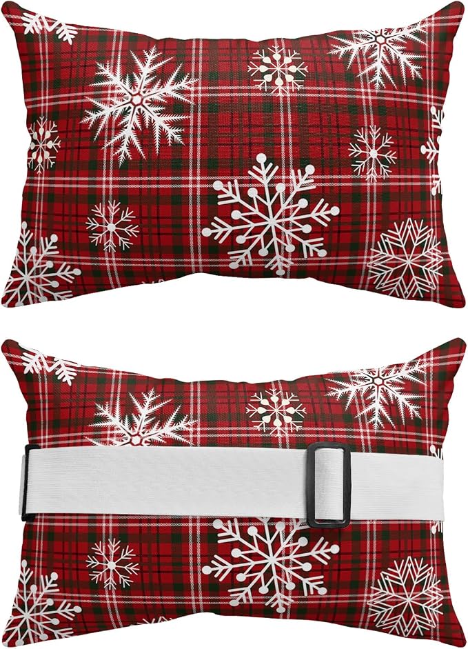 Outdoor Pillows Covers with Inserts Christmas Winter Snowflake Red Black Buffalo Plaid Waterproof Pillow with Adjustable Strap Throw Pillows for Patio Furniture Recliner Lounge Chair, 11x16 inch, 1PCS