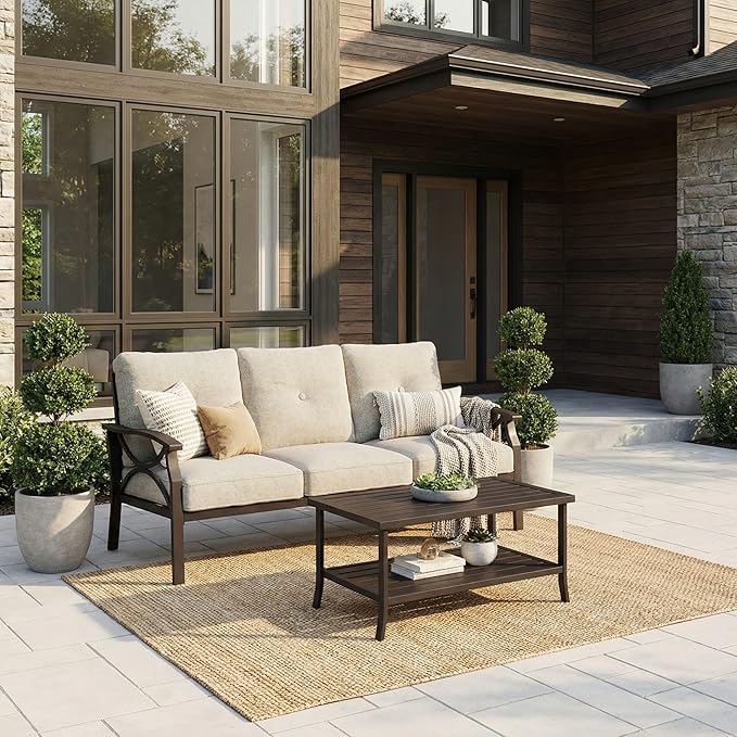 RoyalCraft Outdoor Patio Furniture Set, 2 Piece Patio Conversation Set, Metal Furniture Set with 3 seat Sofa for Porch Backyard, Khaki Metal Chair with Beige Cushions