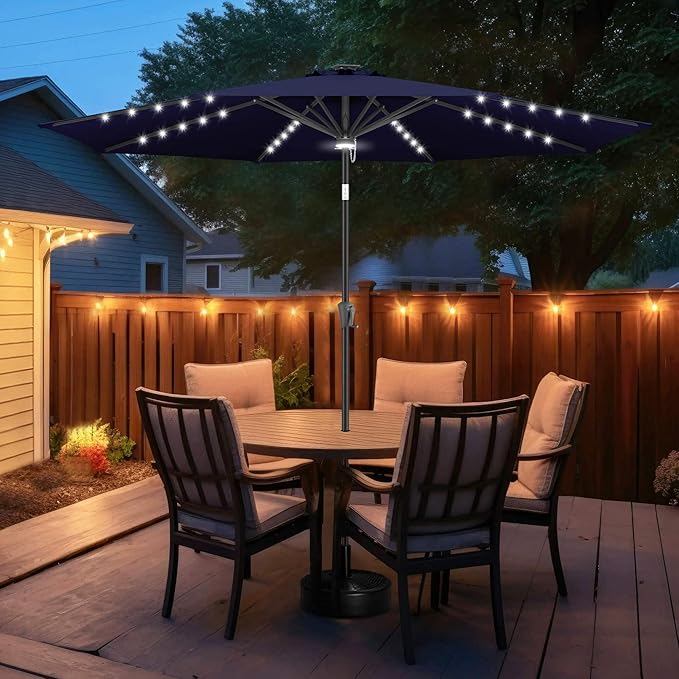 FLAME&SHADE 11 FT Solar Light Patio Umbrella, 40 LED lights outdoor umbrella with Centre Surround Light, Table Market Umbrella for Deck, Pool, Porch, Backyard, Garden, UV Protection, Navy Blue