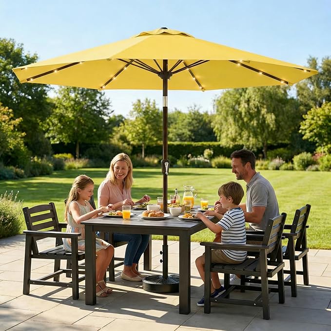 10FT Solar Lighted Patio Umbrella, Outdoor Table Market Umbrellas with Push Button Tilt and Crank, 32 LED Lights, 8 Sturdy Ribs, UV-Resistant for Deck, Garden, Pool