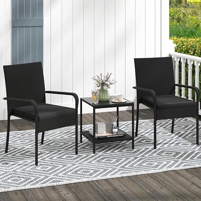 Tangkula 3 Pieces Patio Furniture Set, PE Rattan Outdoor Cushioned Conversation Chairs with 2-Tier Tempered Glass Tabletop Table, for Balcony, Garden and Poolside (Black)