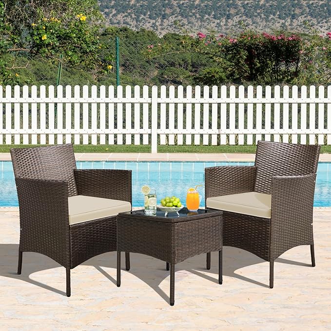 Yaheetech 3 Pieces Patio Porch Furniture Set, Outdoor PE Rattan Wicker Conversation Set with Soft Cushions, Glass Coffee Table & 2 Chairs for Garden/Deck/Courtyard/Poolside, Brown/Khaki