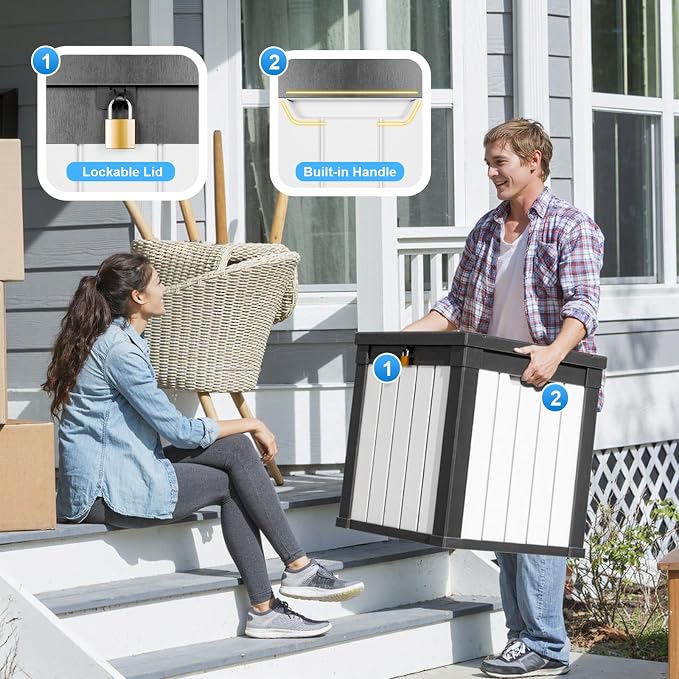 PatioZen 51 Gallon Resin Deck Box, Lockable Patio Outdoor Storage Box for Furniture, Garden Tools and Tools Storage, Waterproof Outside Storage Boxes - Black&White