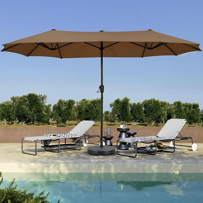 13 ft Patio Umbrella with Base, Large Rectangle Outdoor Umbrella with Matching Stand, Strap, Crank, Coffee
