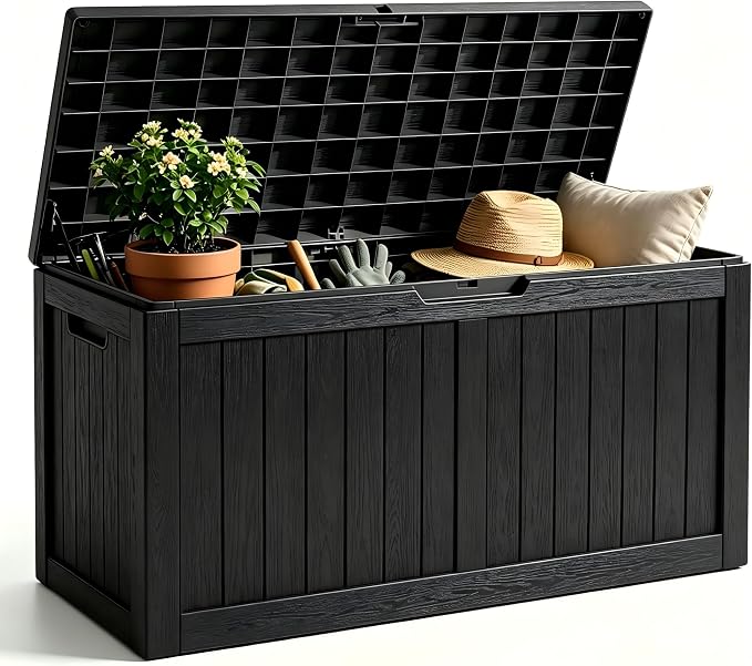 146 Gallon Deck Box, Waterproof Outdoor Storage Box, Lockable Resin Patio Storage Box for Cushions, Garden Tools & Pool Accessories, Heavy Duty Outdoor Storage Bench, Black