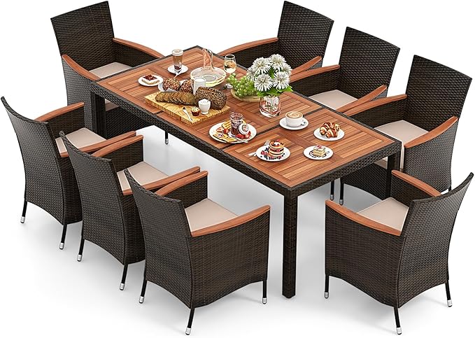 Tangkula 9 Pieces Outdoor Dining Set - Patio Wicker Furniture with Acacia Wood Table Top, Rattan Dining Table Chairs Perfect for Outdoor and Indoor
