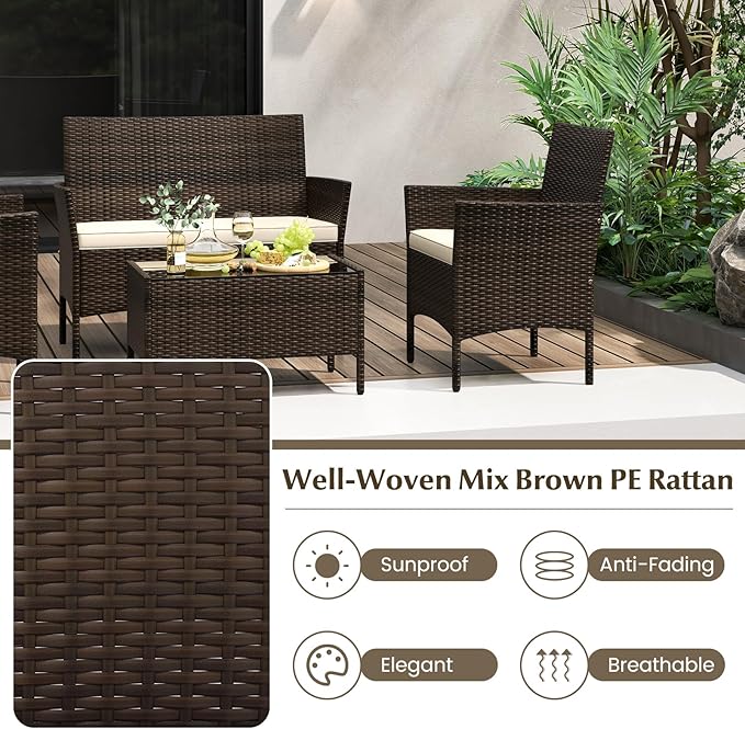 Tangkula 4 Piece Patio Rattan Conversation Set, Outdoor Wicker Furniture Set with Chair, Loveseat & Tempered Glass Table, Cozy Seat Cushions, Outside Sectional Sofa Set for Backyard, Porch (1, Beige)