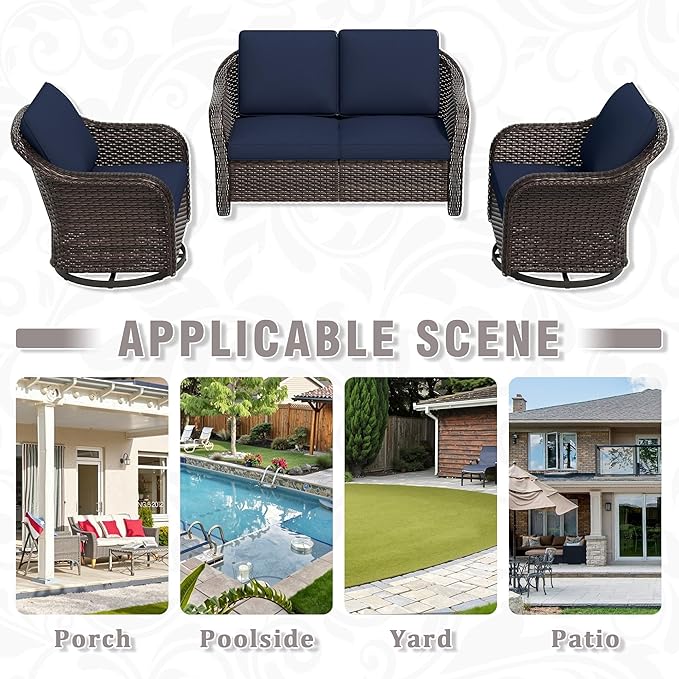 3 Piece Patio Wicker Conversation Set, All-Weather Use Outdoor Wicker Loveseat with 2 PE Rattan 360 Swivel Chair, Ideal for Porch, Backyard, Balcony, Poolside, Blue