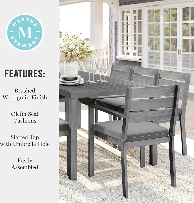 Martha Stewart Bedford 71" Indoor-Outdoor Aluminum Patio Table with Umbrella Hole and Brushed Woodgrain Finish in Brown