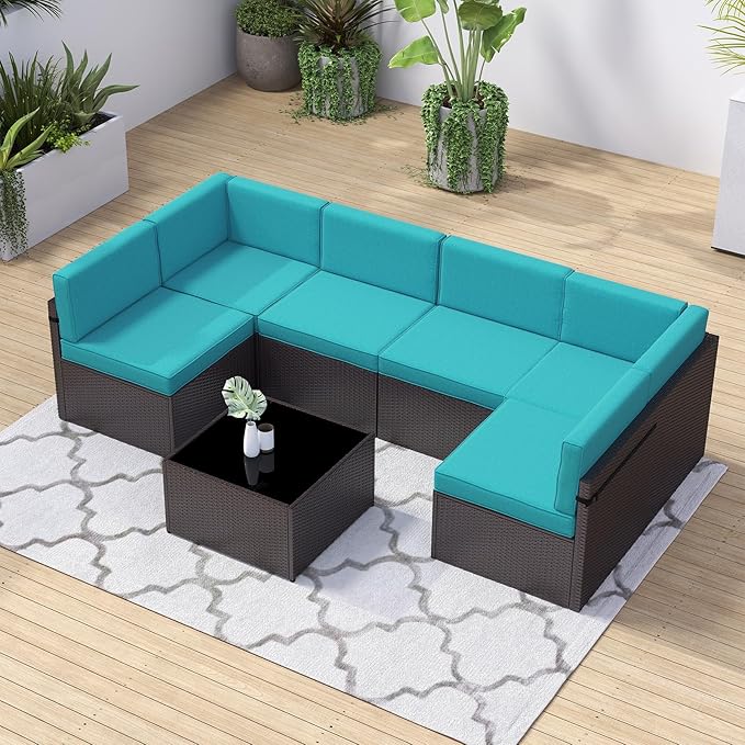kinbor 7-Piece Outdoor Sectional Patio Furniture Set - Brown PE Wicker Outdoor Couch with Thick Cushions, Luxury Patio Set for Backyard, Poolside, Porch, Turquoise