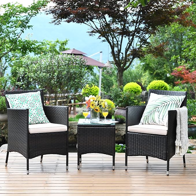 Tangkula Patio Furniture Set 3 Piece, Outdoor Wicker Rattan Conversation Set with Coffee Table, Chairs & Thick Cushions, Suitable for Patio Garden Lawn Backyard Pool (Off-White)