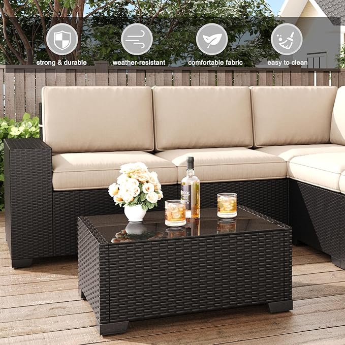 LayinSun 13 Pieces Patio Furniture Set with Fire Pit Table, Black Rattan Modular Sectional Patio Conversation Sofa Set