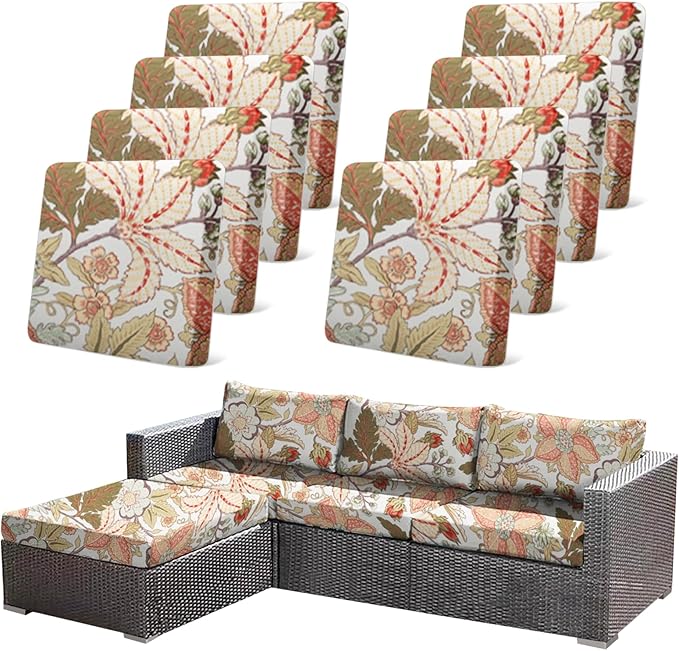 CALBODE 8Pcs High Elastic Digitally Printed Sofa Seat Cushion Cover, Soft & Comfortable Reusable Floral Print Stretch Couch Cushion Slipcover for Outdoor Furniture Protector Replacement(Cover Only